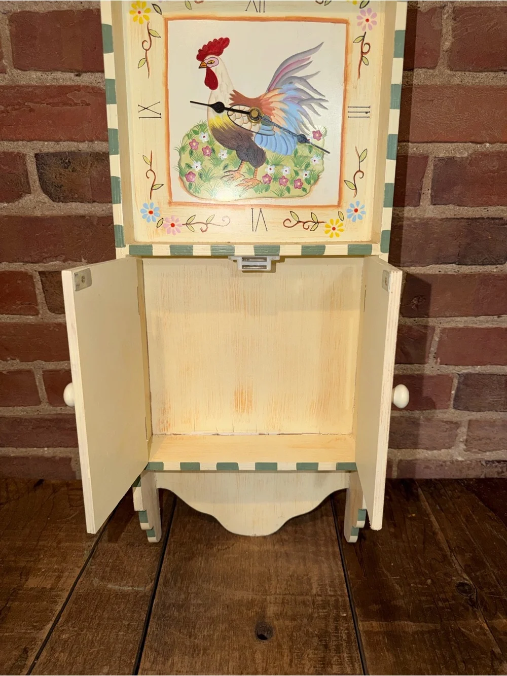 Hand-Painted Rooster Wall Clock Cabinet Decor Farmhouse Cream & Pastel Accent